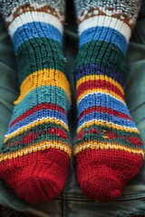 Aufkleber - Close up view of a person's feet wearing vibrant and colorful socks. This image can be used to showcase unique and stylish sock fashion choices