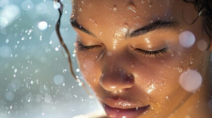 Poster - A close up of a woman's face in the rain. Suitable for various uses