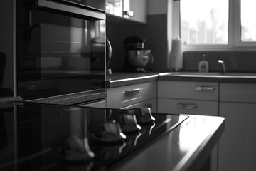 Poster - A black and white photo of a kitchen. Suitable for interior design or home improvement projects