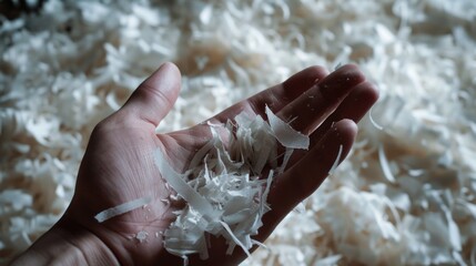 Poster - A person holding shredded paper in their hand. Suitable for office, paperwork, or data protection concepts