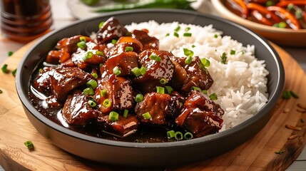 Wall Mural - Filipino adobo chicken or pork marinated in soy sauce, vinegar, and garlic, served with rice