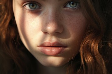 Poster - A detailed close-up of a woman's face showcasing her unique freckles. This photo is perfect for beauty and skincare campaigns, as well as natural and authentic lifestyle content