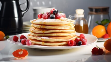 Poster - Delicious pancakes topped with fresh berries served on a white plate. Perfect for breakfast or brunch