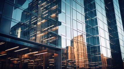 Poster - A large glass building with a clock on its side. Can be used to depict modern architecture or time management