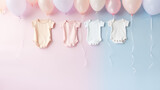 Fototapeta Niebo - Urodzinowe minimalistyczne jasne tło na życzenia lub metryczkę z balonami i dekoracjami - narodziny dziecka - dziewczynki lub chłopca.