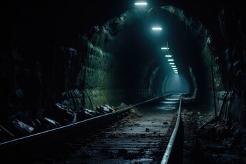 Poster - A train is captured as it passes through a dark tunnel. This image can be used to depict motion, transportation, or the thrill of adventure