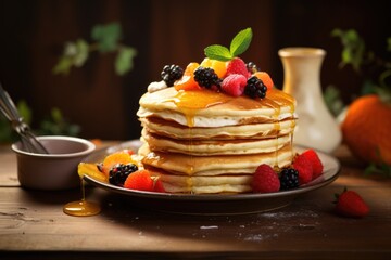 Canvas Print - A stack of pancakes topped with fresh fruit and sweet syrup. Perfect for a delicious breakfast or brunch.