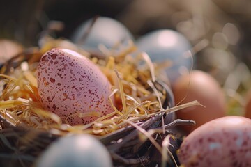 Poster - A basket filled with eggs sitting on top of a pile of hay. Suitable for various agricultural and Easter-related themes