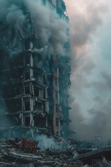 Poster - A building with heavy smoke billowing out. Ideal for illustrating fire emergencies or industrial accidents.