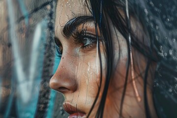 Aufkleber - Close-up shot of a woman's face getting wet in the rain. Ideal for illustrating emotions, weather conditions, or the concept of solitude in difficult times