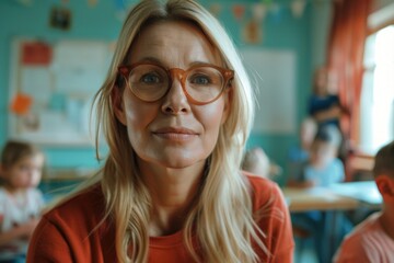 Poster - Woman with glasses sitting in a classroom. Ideal for educational concepts or professional training materials