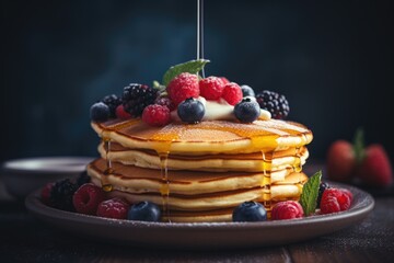 Wall Mural - A delicious stack of pancakes topped with fresh berries and drizzled with syrup. Perfect for breakfast or brunch
