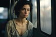 © Fotograf - A woman sitting on a bus and gazing out of the window. Suitable for travel, transportation, and urban lifestyle themes