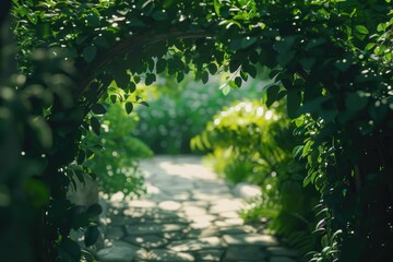 Aufkleber - A serene and inviting stone path winding through a vibrant and verdant green forest. Ideal for nature, hiking, and outdoor adventure themes