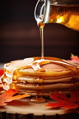 Poster - Stack of pancakes being drizzled with syrup. Perfect for breakfast or brunch menus
