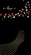 The image features a black background with red, grey, and gold hearts scattered above a gold polka dot curve. The word \
