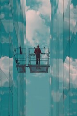 Wall Mural - A man stands on a platform in front of a building. This image can be used to depict concepts such as urban architecture, public transportation, or waiting for someone