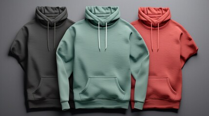 Poster - Three different colored hoodies are displayed on a gray background. This versatile image can be used to showcase various hoodie designs or as a concept for fashion and style.