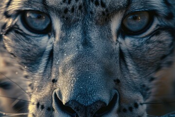 Poster - A close-up view of a snow leopard's face. This image captures the intricate details and beauty of this majestic animal. Perfect for nature enthusiasts and wildlife lovers