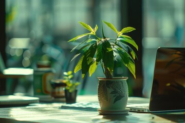 Poster - A potted plant sits on top of a table next to a laptop computer. This image can be used to depict a work or study environment with a touch of nature