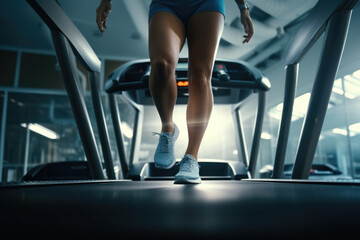Poster - A woman running on a treadmill in a gym. Suitable for fitness and exercise concepts