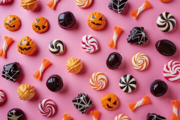 Aufkleber - Assorted Halloween candies displayed on a vibrant pink surface. Perfect for Halloween-themed projects or festive events