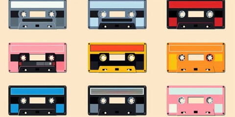 Poster - Six different colored cassettes in a set. Perfect for vintage music lovers and collectors. Ideal for use in music-related articles, blogs, and promotional materials