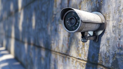 Poster - A security camera mounted on the side of a building. Can be used to monitor and ensure safety in various locations