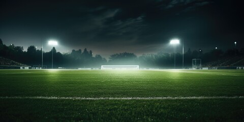 Sticker - A nighttime view of a soccer field illuminated by floodlights. Perfect for sports enthusiasts or soccer-themed projects