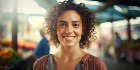 Poster - A woman with curly hair smiling at the camera. Perfect for lifestyle, beauty, and advertising projects