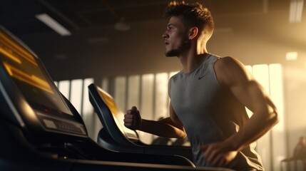 Poster - A man is depicted running on a treadmill in a gym. This image can be used to illustrate fitness, exercise, and healthy lifestyle concepts