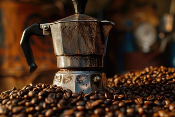 Sticker - A coffee maker is placed on top of a pile of coffee beans. This image can be used to depict the process of making coffee or the concept of freshly brewed coffee