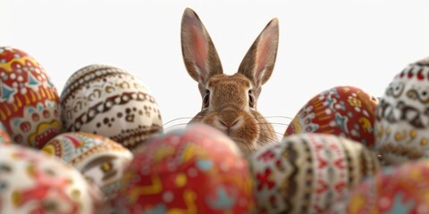 Aufkleber - A rabbit sits among a group of painted eggs. Perfect for Easter decorations and spring-themed designs