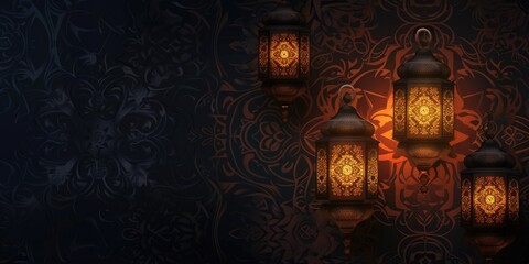 Wall Mural - A group of lanterns illuminated and placed against a wall. Can be used to add a warm and cozy ambiance to any setting