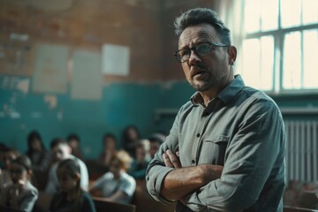 Poster - A man standing in front of a classroom full of students. Suitable for educational and academic themes