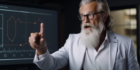 Wall Mural - A man with a long white beard pointing at a computer screen. Suitable for illustrating technology, education, and communication concepts