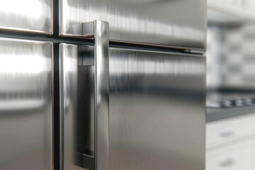 Poster - A stainless steel refrigerator freezer in a modern kitchen. Perfect for home appliance or interior design concepts