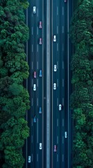 Wall Mural - Aerial vertical landscape of congested traffic on highway with cars stuck on road