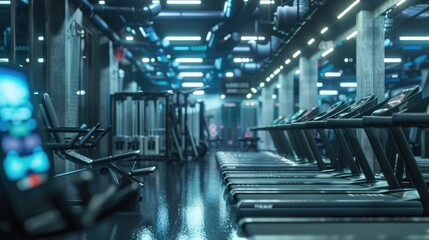 Poster - A row of treadmill machines in a gym, ideal for fitness and exercise concept
