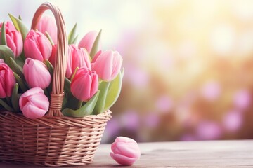 Poster - Pink tulips in a basket on a table, perfect for spring-themed designs