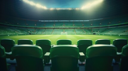 Canvas Print - A soccer stadium with green seats and a soccer goal. Perfect for sports events promotions