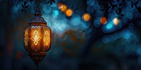 Poster - A lantern hanging from a tree in the dark. Ideal for spooky or mysterious themed designs