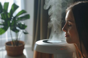 Poster - Woman looking at humidifier with steam, suitable for home appliance advertisement