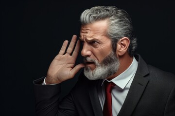 Poster - A man in a suit and tie listening intently. Ideal for business and communication concepts