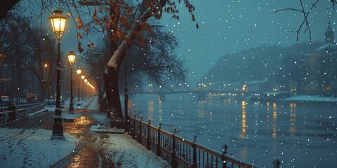 Poster - A street light illuminates a snowy sidewalk next to a peaceful body of water. Suitable for winter-themed designs and scenic landscapes