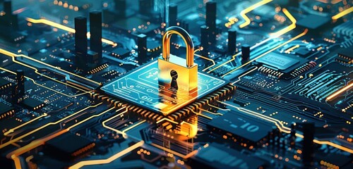 Wall Mural - Key on digital circuit board symbolizing network security showcasing how to safeguard online data and protect internet like hackers viruses and cyber of technology computer systems and cyberspace