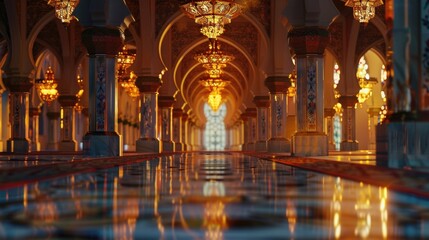 Poster - A photograph of a very long hallway illuminated by numerous bright lights. This image can be used to depict a futuristic setting or a modern architectural design.