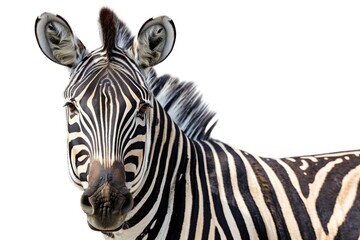 Poster - A close up view of a zebra with a white background. This image can be used for various purposes