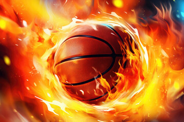 Poster - Basketball ball in mid-air with fire coming out of it. Suitable for sports and action-themed designs
