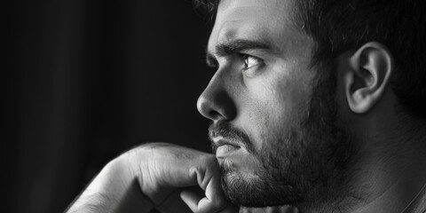 Aufkleber - A black and white photo of a man deep in thought, with his hand resting on his chin. Suitable for various applications